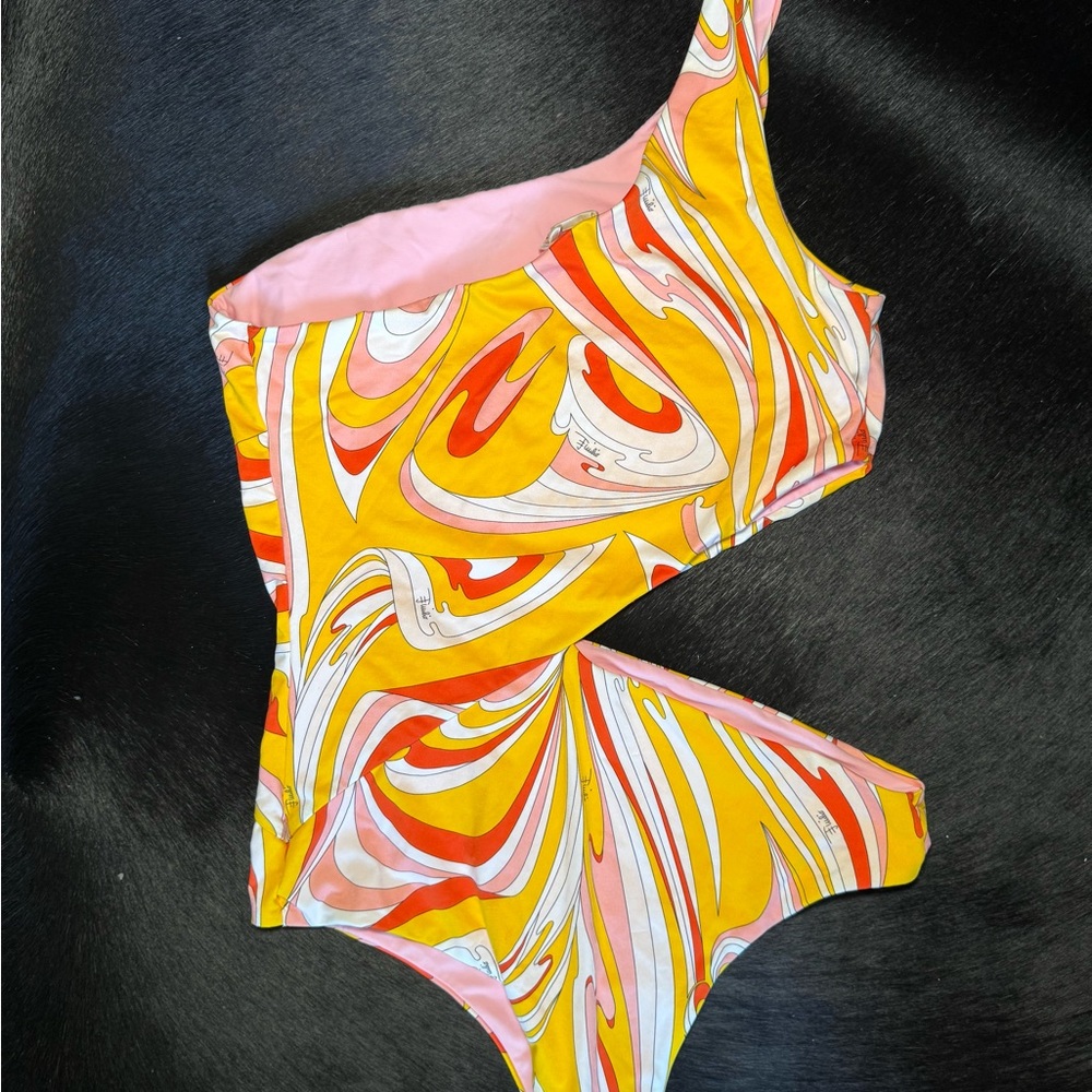 Emilio Pucci Yellow and Pink One Piece Swimsuit Asymmetrical Design